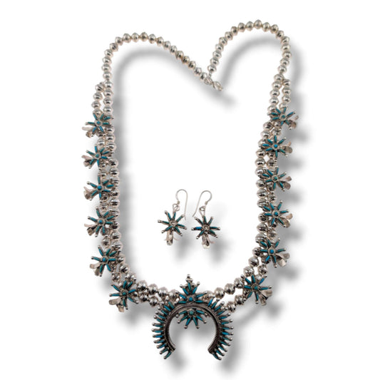 Zuni Sterling Silver Needlepoint Turquoise Squash Blossom Necklace and Earring Set