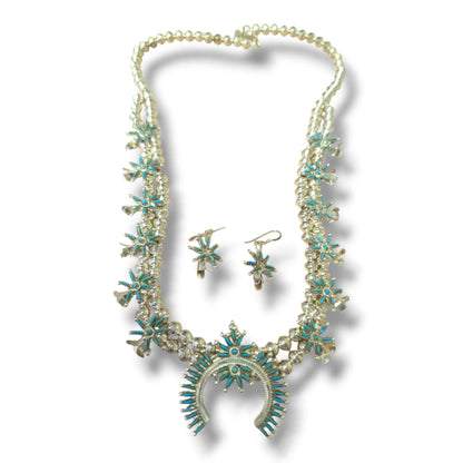 Zuni Sterling Silver Needlepoint Turquoise Squash Blossom Necklace and Earring Set