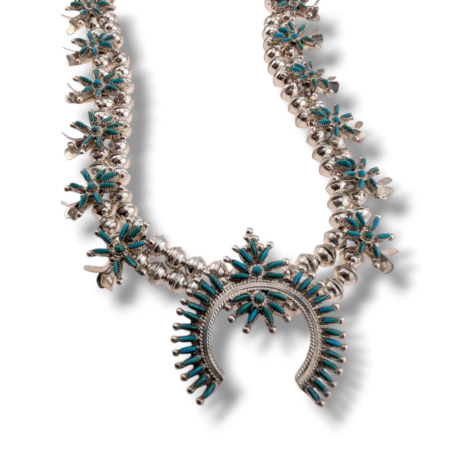 Zuni Sterling Silver Needlepoint Turquoise Squash Blossom Necklace and Earring Set