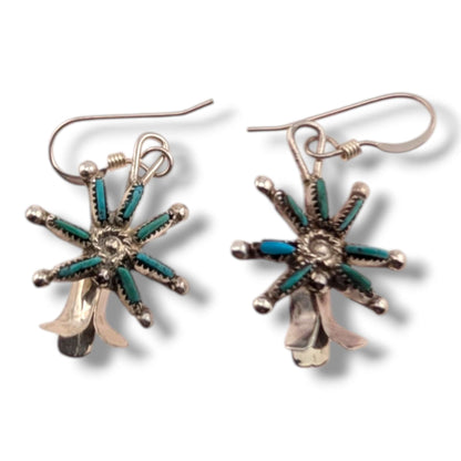Zuni Sterling Silver Needlepoint Turquoise Squash Blossom Necklace and Earring Set