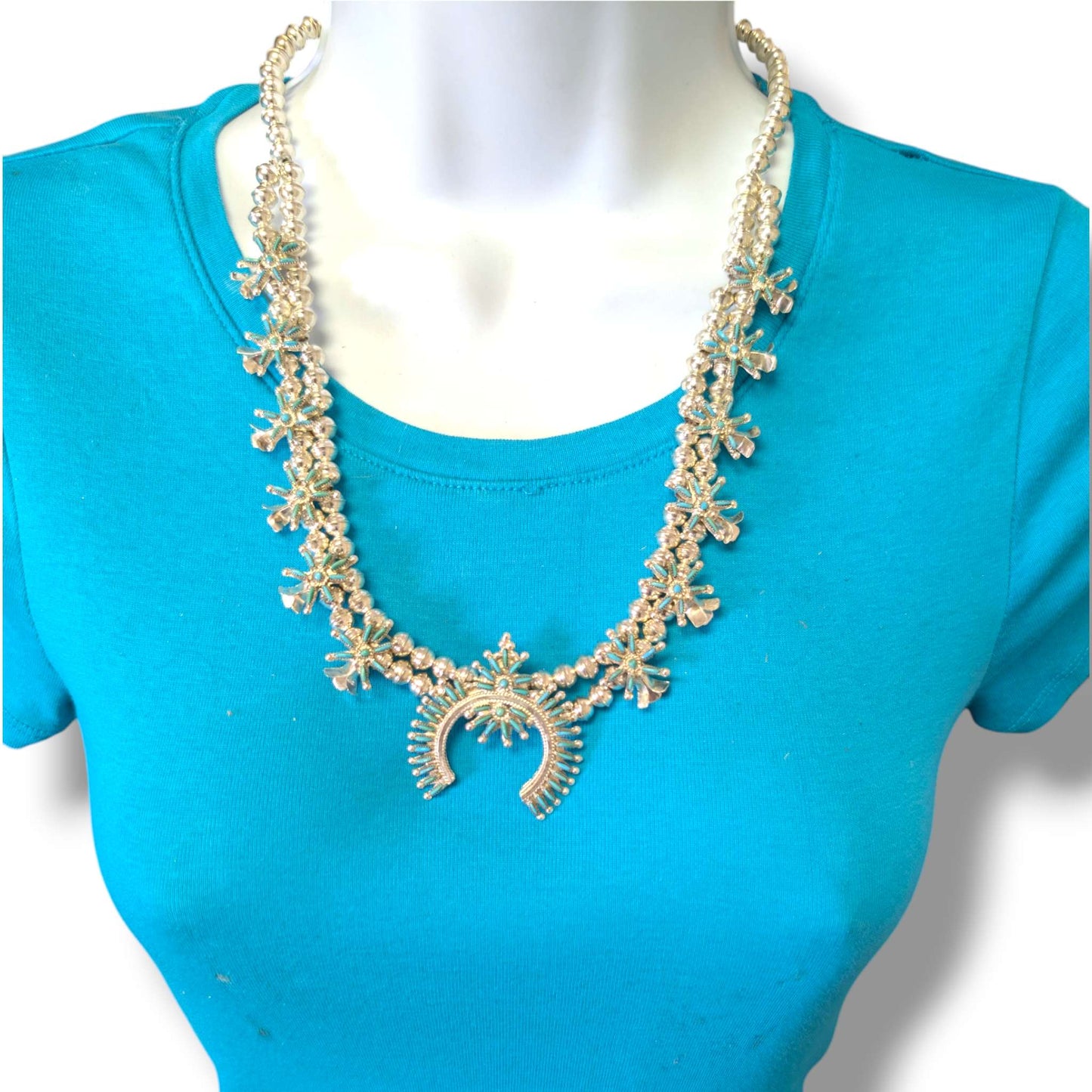 Zuni Sterling Silver Needlepoint Turquoise Squash Blossom Necklace and Earring Set