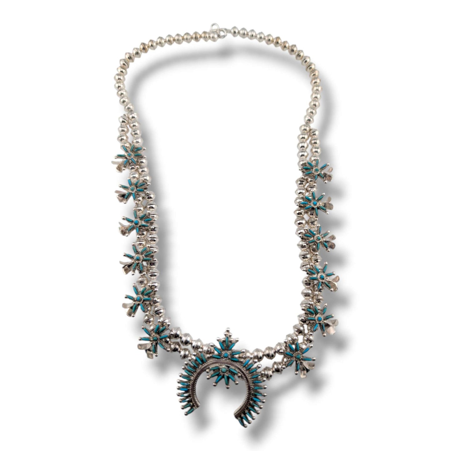 Zuni Sterling Silver Needlepoint Turquoise Squash Blossom Necklace and Earring Set