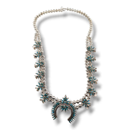 Zuni Sterling Silver Needlepoint Turquoise Squash Blossom Necklace and Earring Set