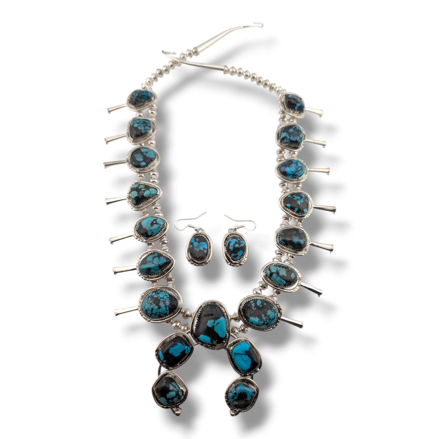 Navajo Sterling Silver Nugget Turquoise Squash Blossom Necklace and Earring Set