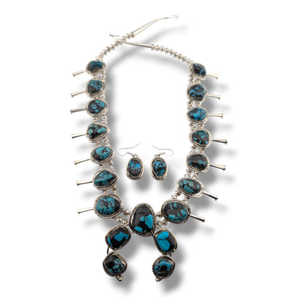 Navajo Sterling Silver Nugget Turquoise Squash Blossom Necklace and Earring Set