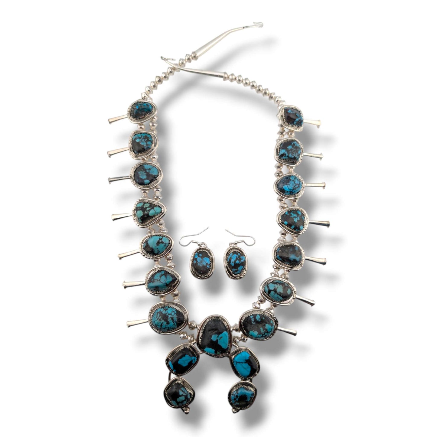 Navajo Sterling Silver Nugget Turquoise Squash Blossom Necklace and Earring Set