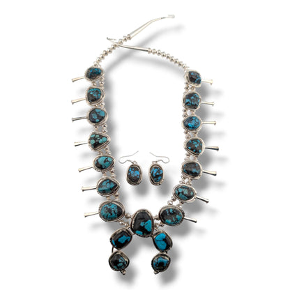 Navajo Sterling Silver Nugget Turquoise Squash Blossom Necklace and Earring Set