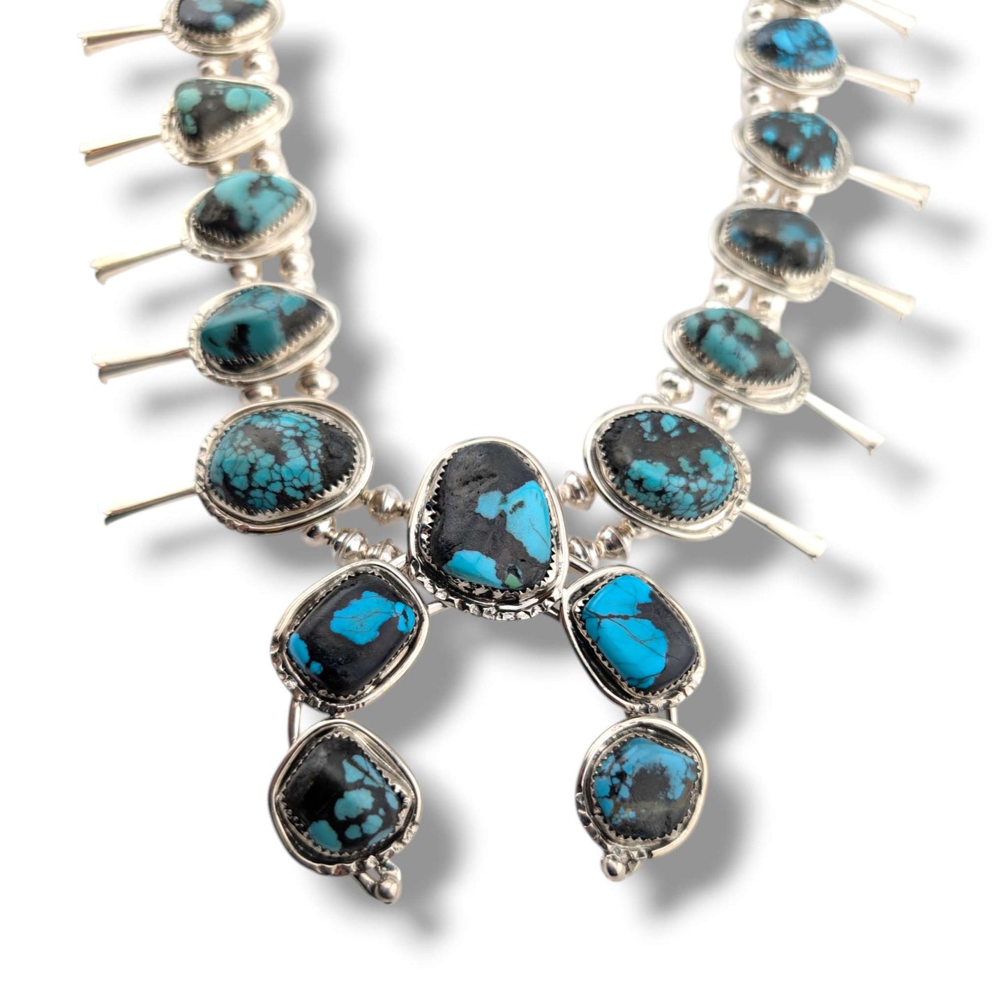 Navajo Sterling Silver Nugget Turquoise Squash Blossom Necklace and Earring Set