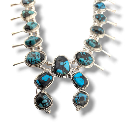 Navajo Sterling Silver Nugget Turquoise Squash Blossom Necklace and Earring Set