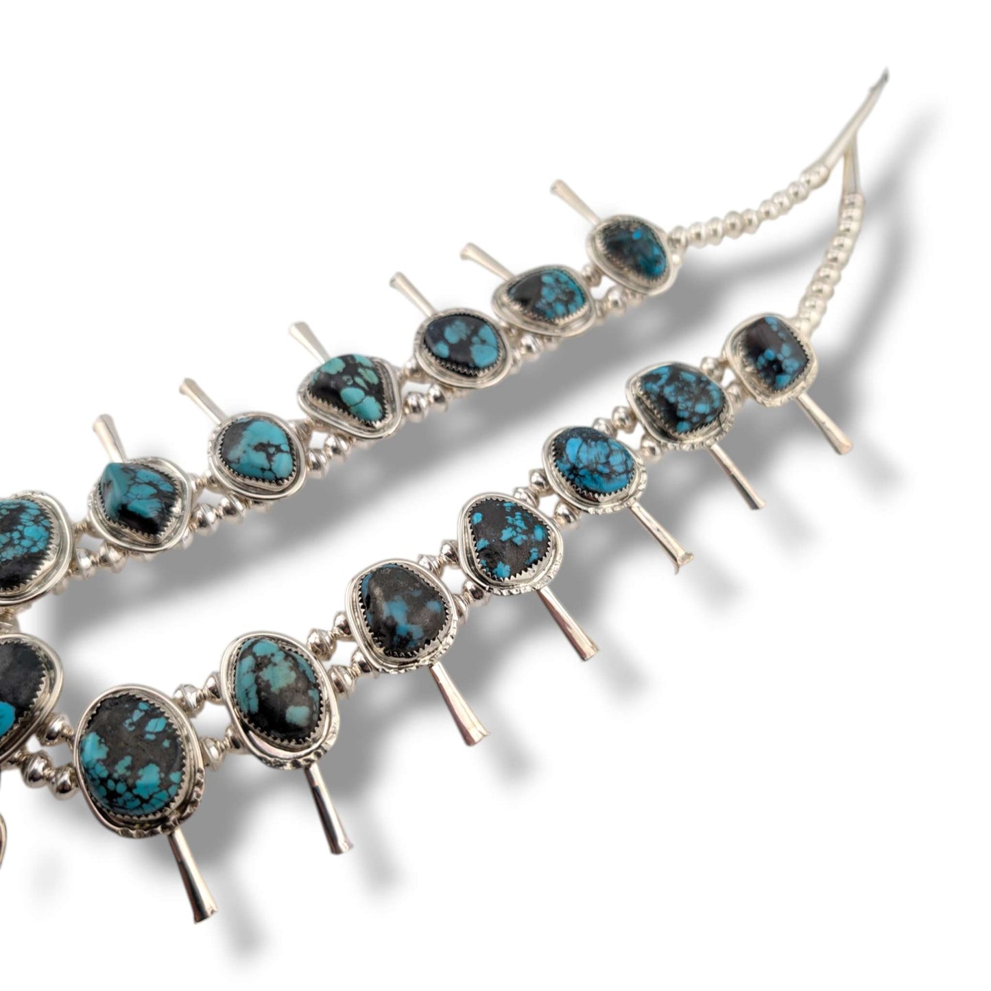 Navajo Sterling Silver Nugget Turquoise Squash Blossom Necklace and Earring Set