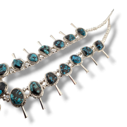 Navajo Sterling Silver Nugget Turquoise Squash Blossom Necklace and Earring Set