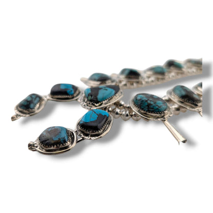 Navajo Sterling Silver Nugget Turquoise Squash Blossom Necklace and Earring Set