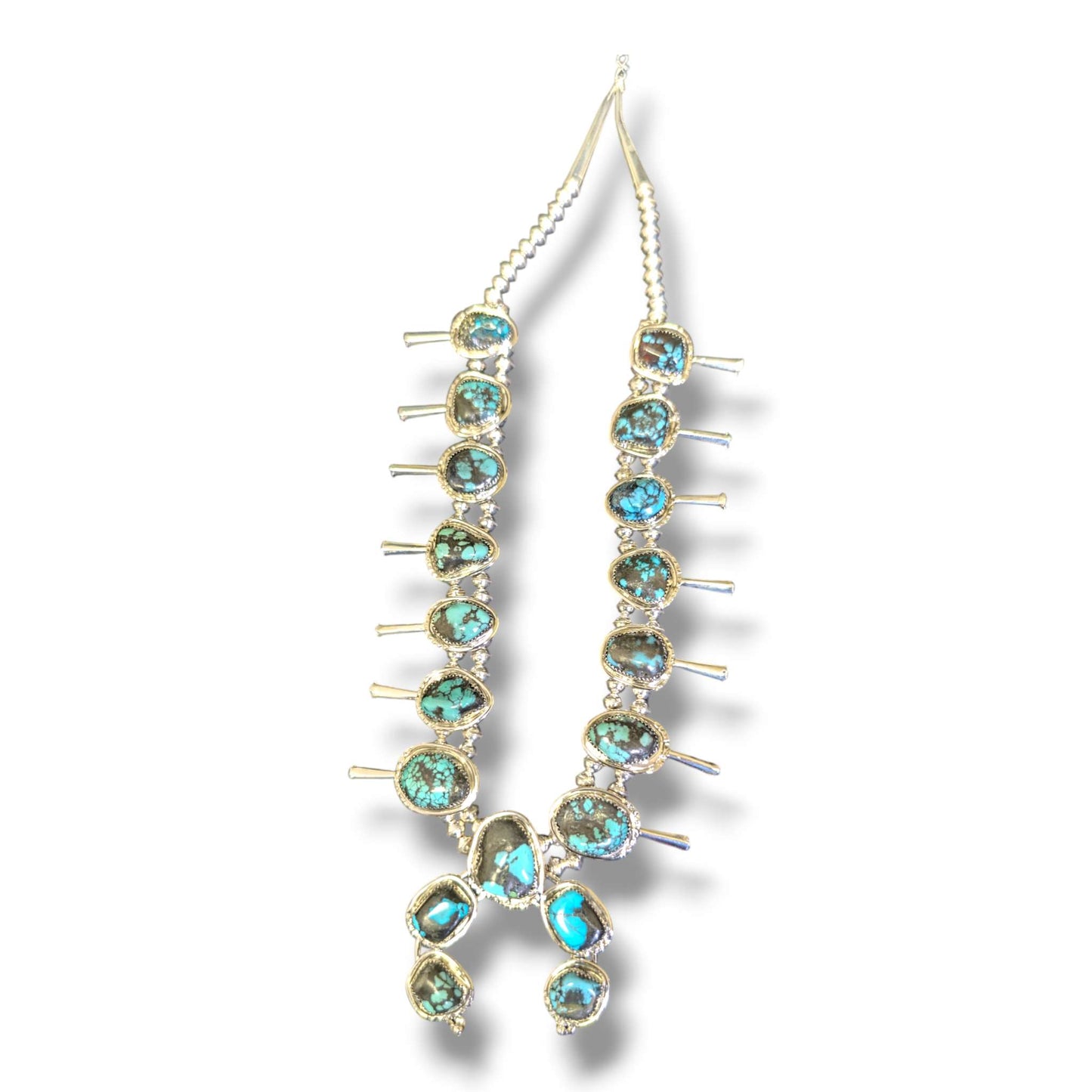 Navajo Sterling Silver Nugget Turquoise Squash Blossom Necklace and Earring Set