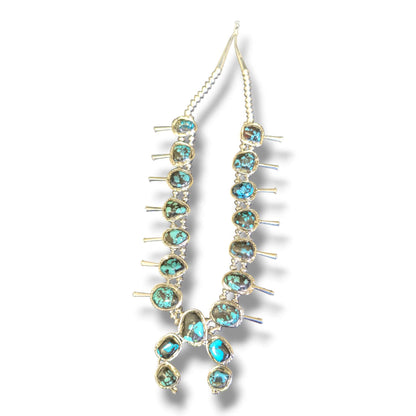 Navajo Sterling Silver Nugget Turquoise Squash Blossom Necklace and Earring Set