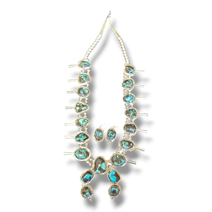 Navajo Sterling Silver Nugget Turquoise Squash Blossom Necklace and Earring Set