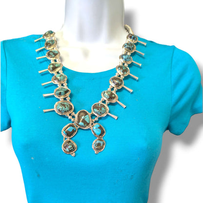 Navajo Sterling Silver Nugget Turquoise Squash Blossom Necklace and Earring Set