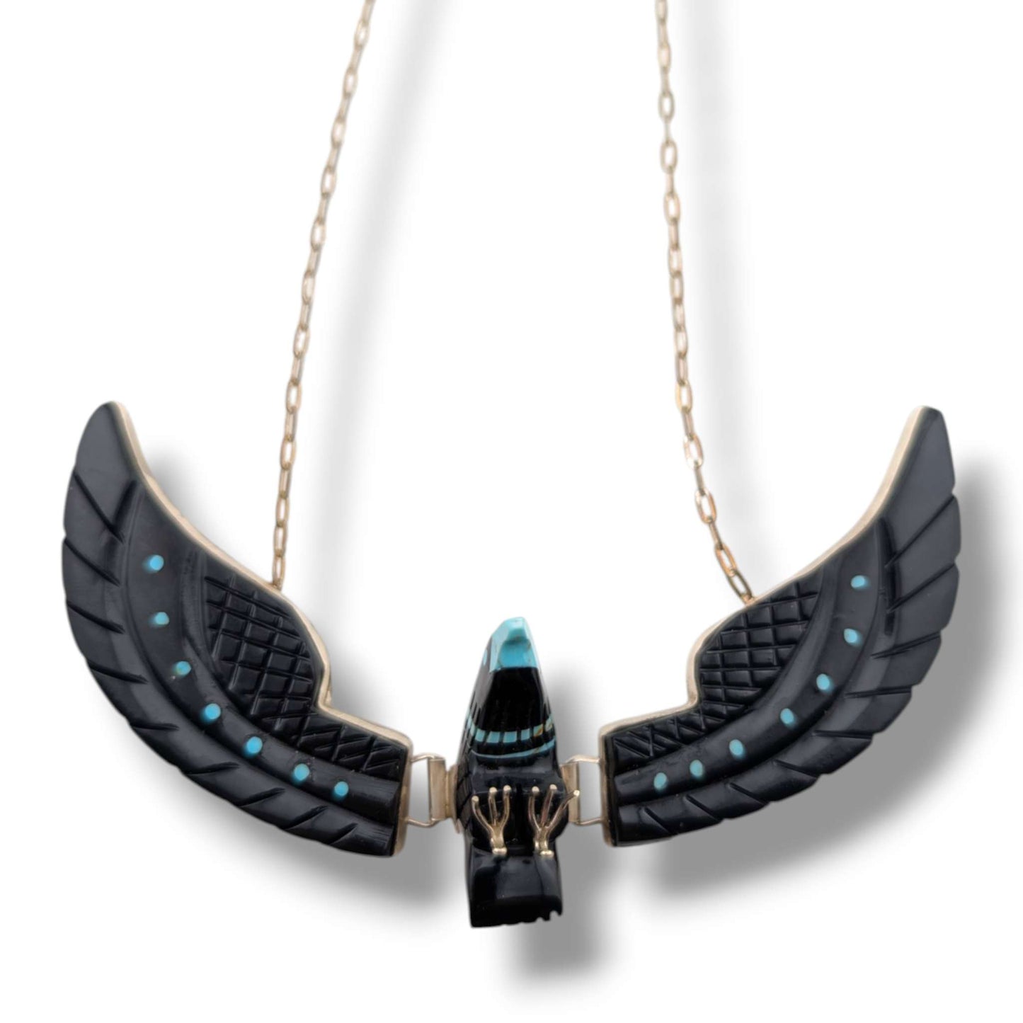 Navajo Ben Livingston Sterling Silver Soaring Eagle Jet and Turquoise Inlay Necklace
