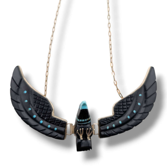 Navajo Ben Livingston Sterling Silver Soaring Eagle Jet and Turquoise Inlay Necklace