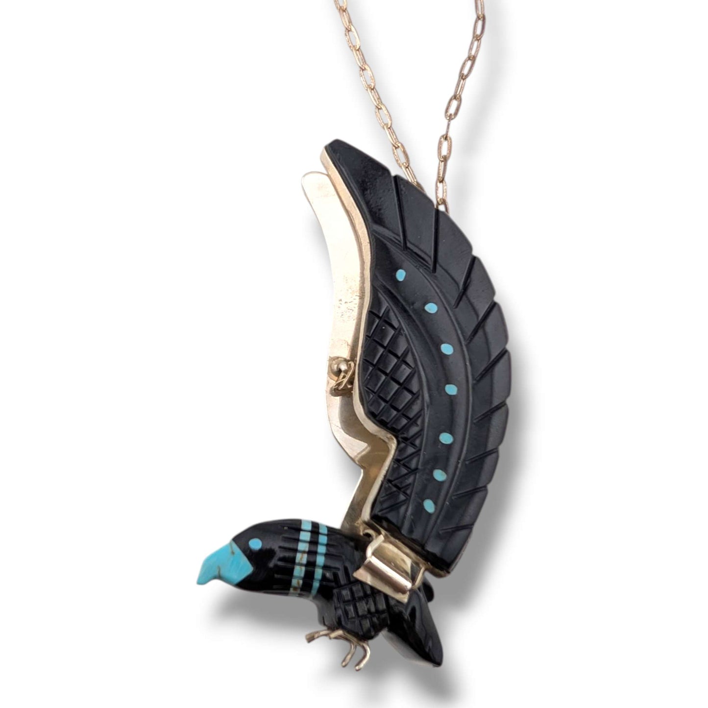 Navajo Ben Livingston Sterling Silver Soaring Eagle Jet and Turquoise Inlay Necklace