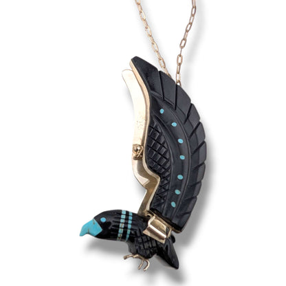 Navajo Ben Livingston Sterling Silver Soaring Eagle Jet and Turquoise Inlay Necklace