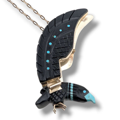 Navajo Ben Livingston Sterling Silver Soaring Eagle Jet and Turquoise Inlay Necklace