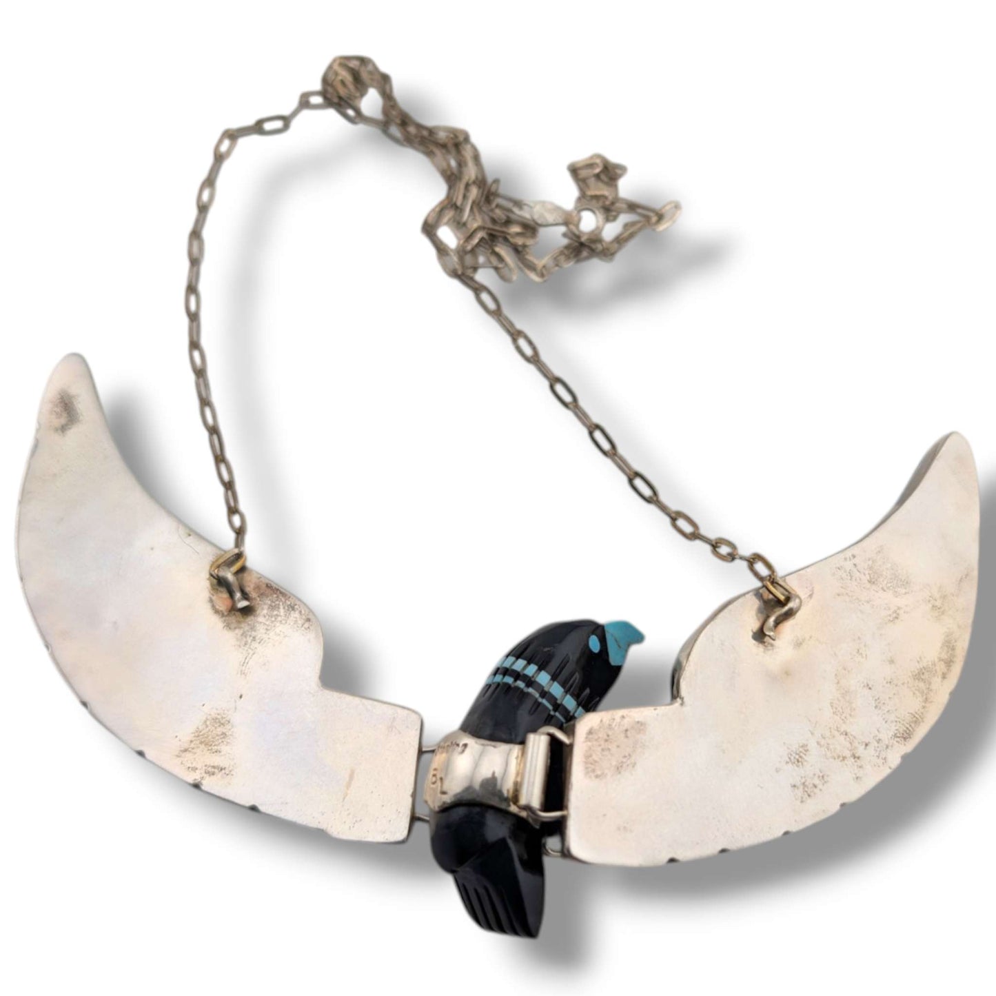Navajo Ben Livingston Sterling Silver Soaring Eagle Jet and Turquoise Inlay Necklace