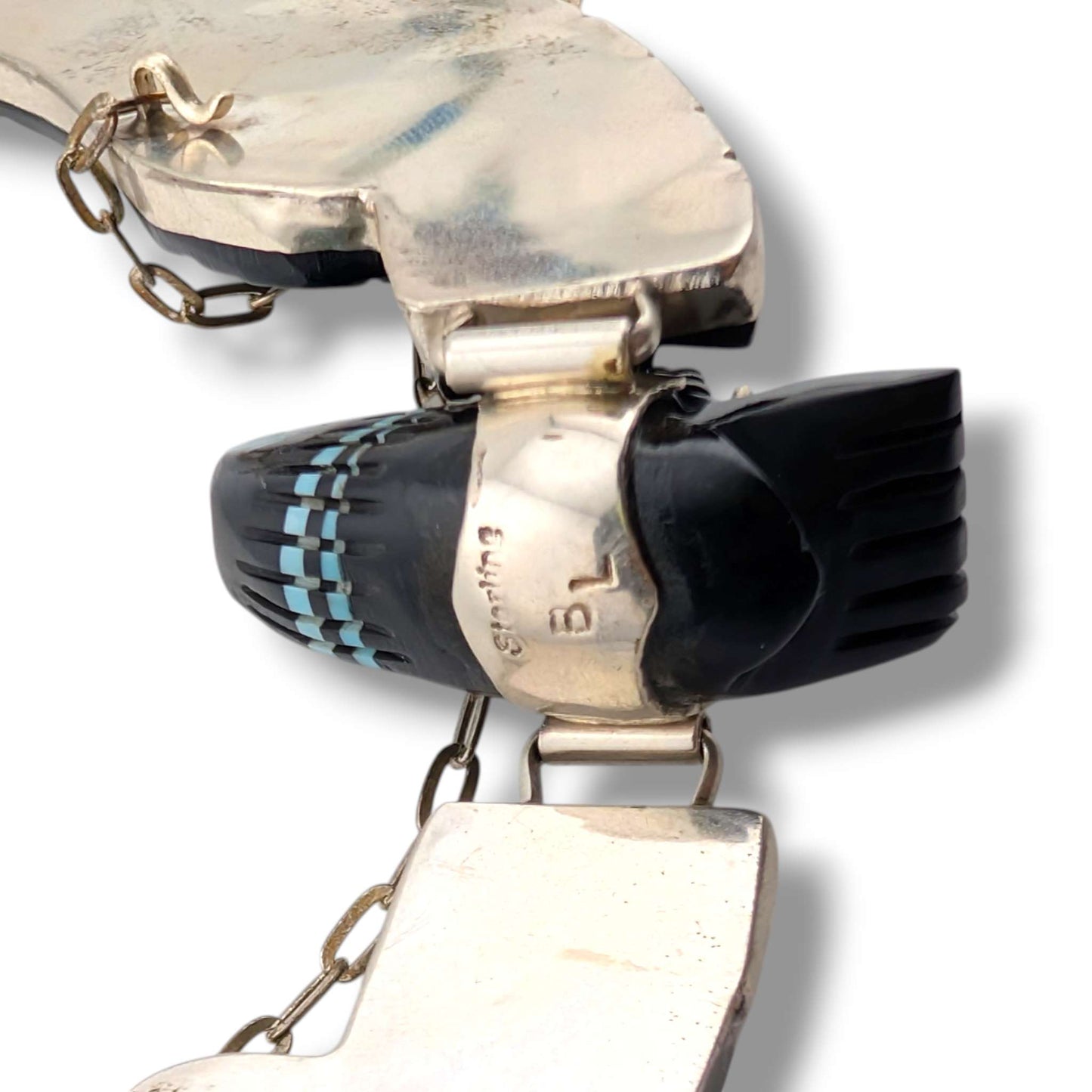 Navajo Ben Livingston Sterling Silver Soaring Eagle Jet and Turquoise Inlay Necklace