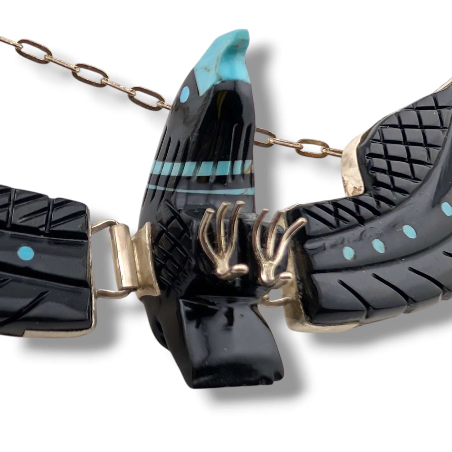 Navajo Ben Livingston Sterling Silver Soaring Eagle Jet and Turquoise Inlay Necklace