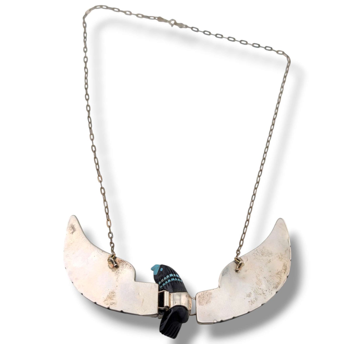 Navajo Ben Livingston Sterling Silver Soaring Eagle Jet and Turquoise Inlay Necklace