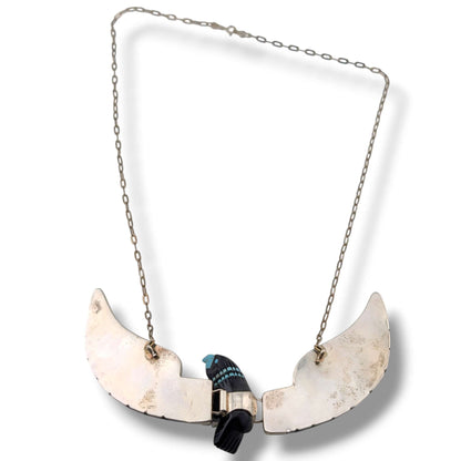 Navajo Ben Livingston Sterling Silver Soaring Eagle Jet and Turquoise Inlay Necklace