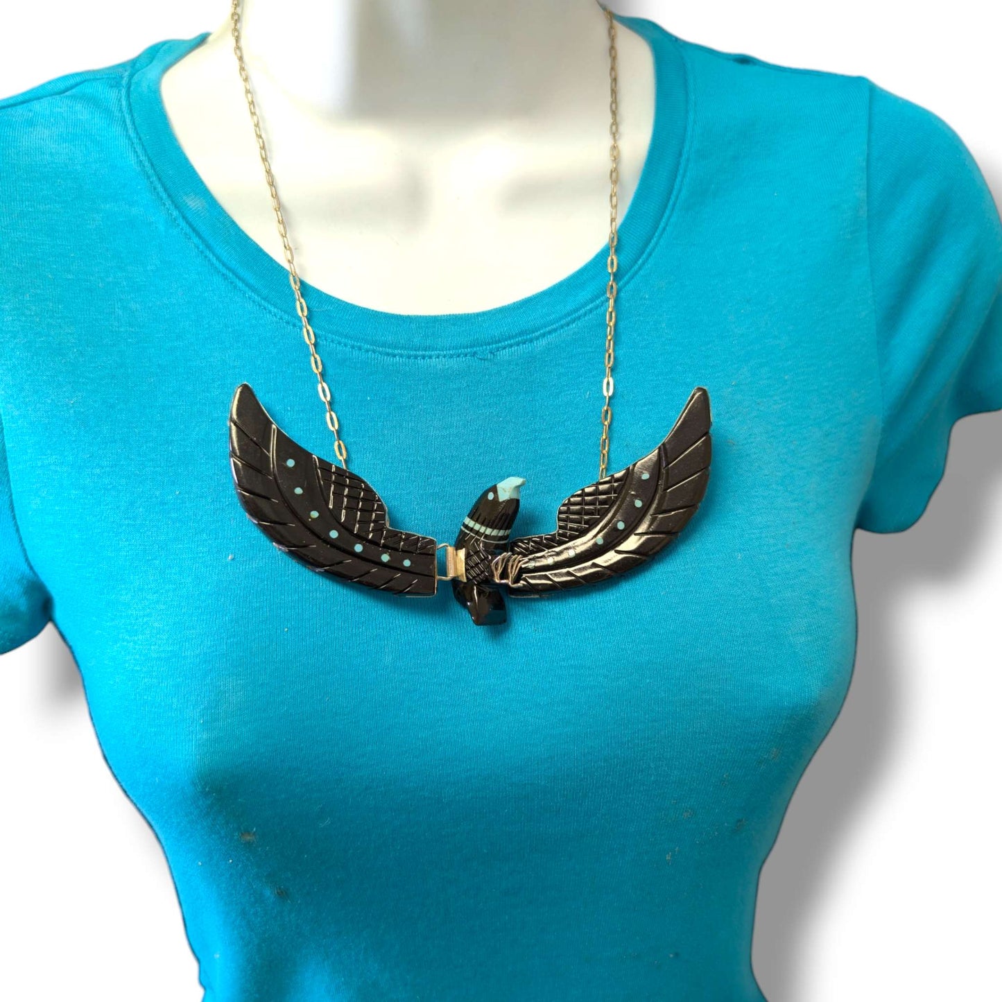 Navajo Ben Livingston Sterling Silver Soaring Eagle Jet and Turquoise Inlay Necklace