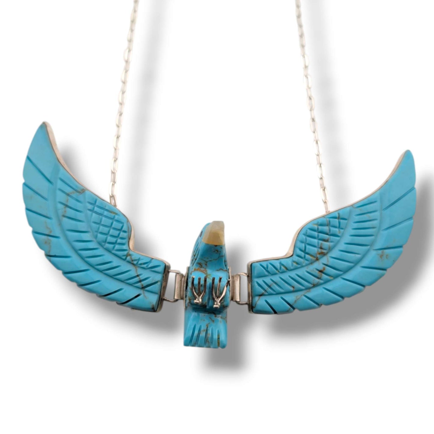 Navajo Ben Livingston Sterling Silver Soaring Eagle Turquoise and Mother of Pearl Inlay Necklace