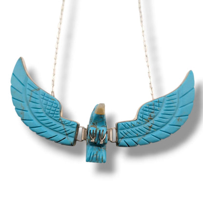 Navajo Ben Livingston Sterling Silver Soaring Eagle Turquoise and Mother of Pearl Inlay Necklace