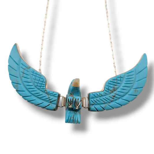 Navajo Ben Livingston Sterling Silver Soaring Eagle Turquoise and Mother of Pearl Inlay Necklace
