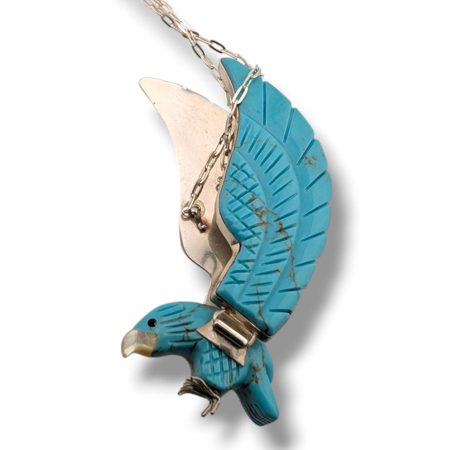 Navajo Ben Livingston Sterling Silver Soaring Eagle Turquoise and Mother of Pearl Inlay Necklace