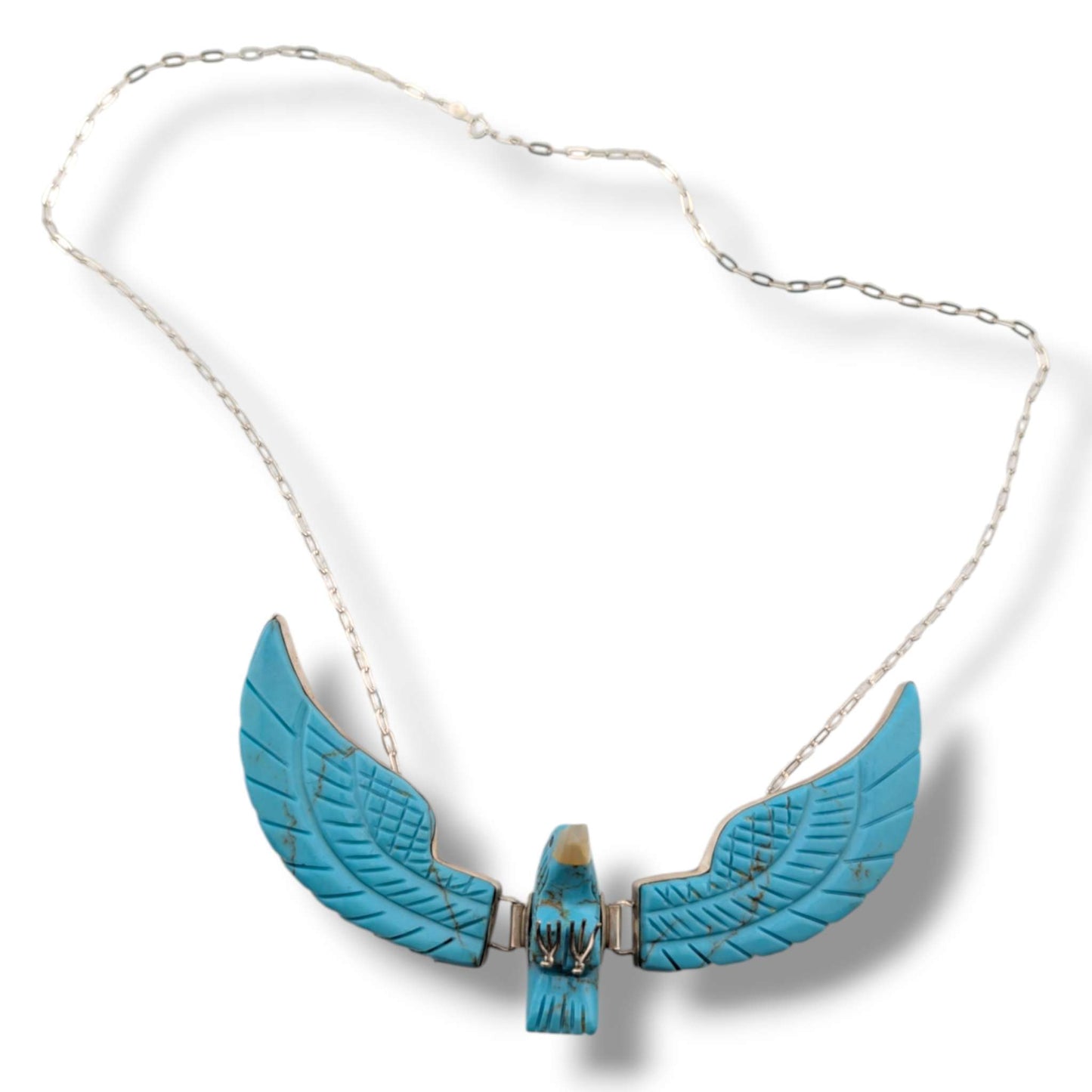 Navajo Ben Livingston Sterling Silver Soaring Eagle Turquoise and Mother of Pearl Inlay Necklace