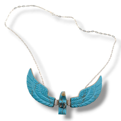 Navajo Ben Livingston Sterling Silver Soaring Eagle Turquoise and Mother of Pearl Inlay Necklace