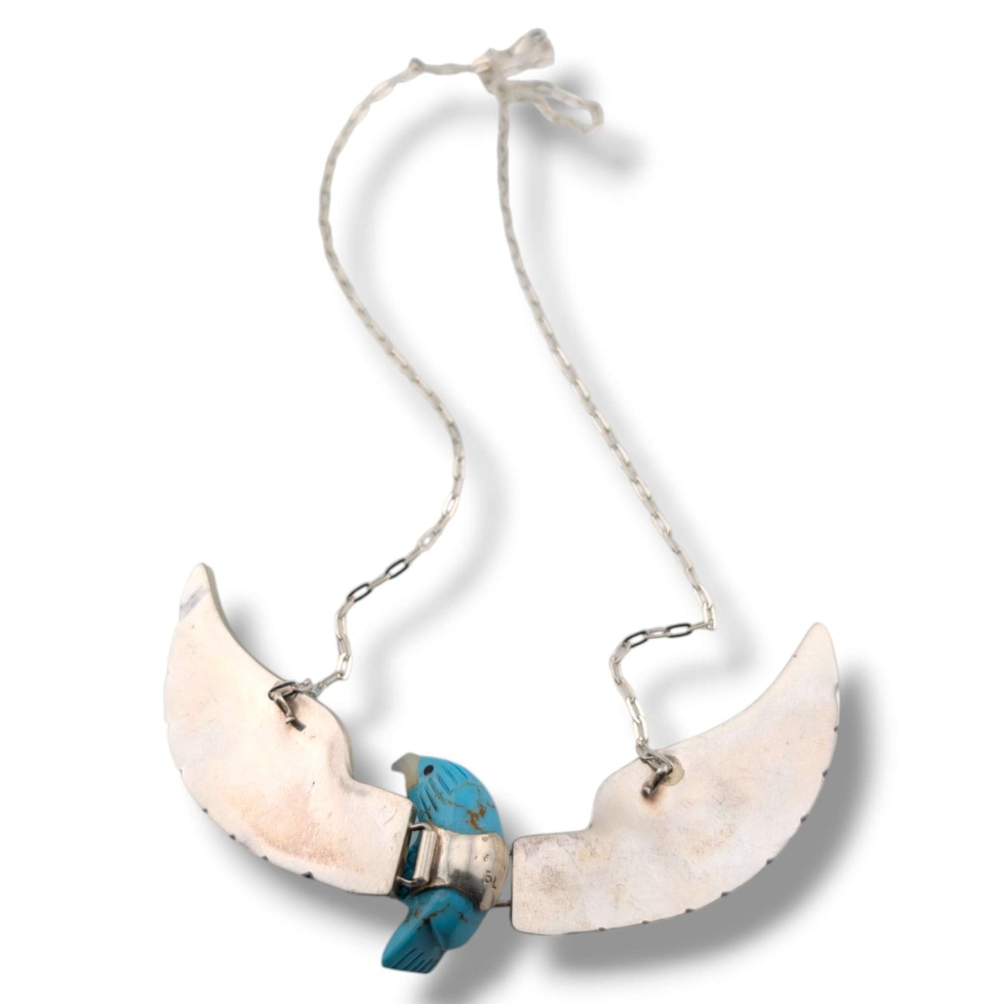 Navajo Ben Livingston Sterling Silver Soaring Eagle Turquoise and Mother of Pearl Inlay Necklace