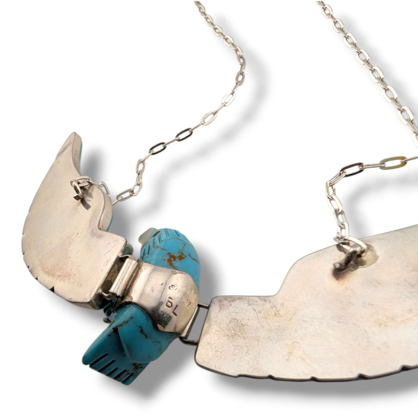 Navajo Ben Livingston Sterling Silver Soaring Eagle Turquoise and Mother of Pearl Inlay Necklace