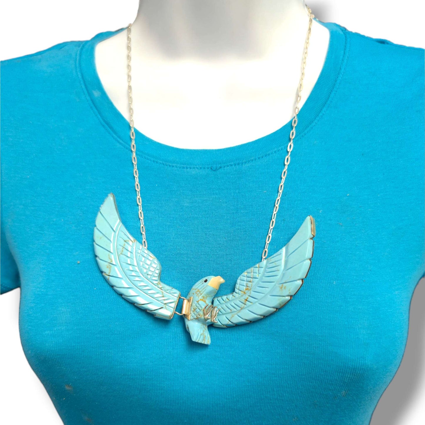 Navajo Ben Livingston Sterling Silver Soaring Eagle Turquoise and Mother of Pearl Inlay Necklace