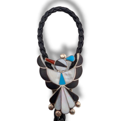 Zuni Leander and Lisa Moore Sterling Silver Thunderbird Inlay Bolo Tie