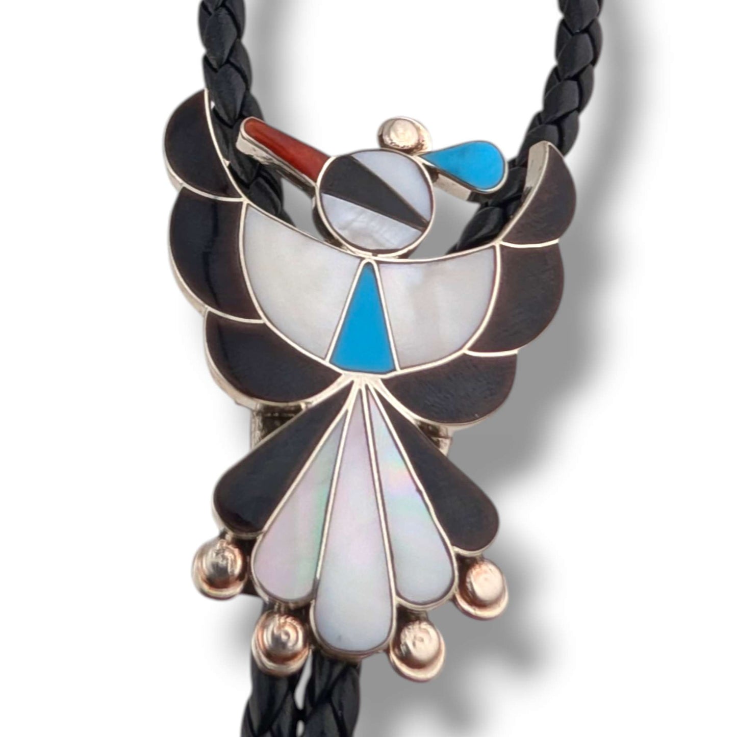 Zuni Leander and Lisa Moore Sterling Silver Thunderbird Inlay Bolo Tie