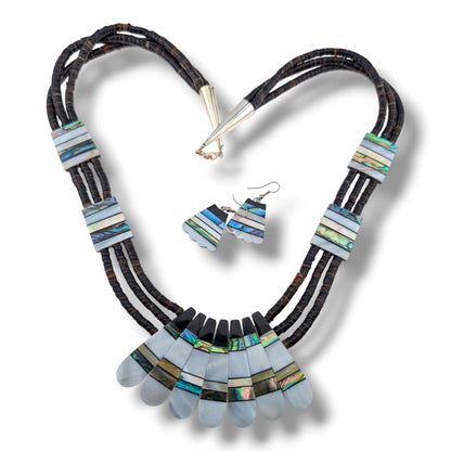 Indonesian Mother of Pearl & Abalone Inlay Fan Necklace and Earring Set