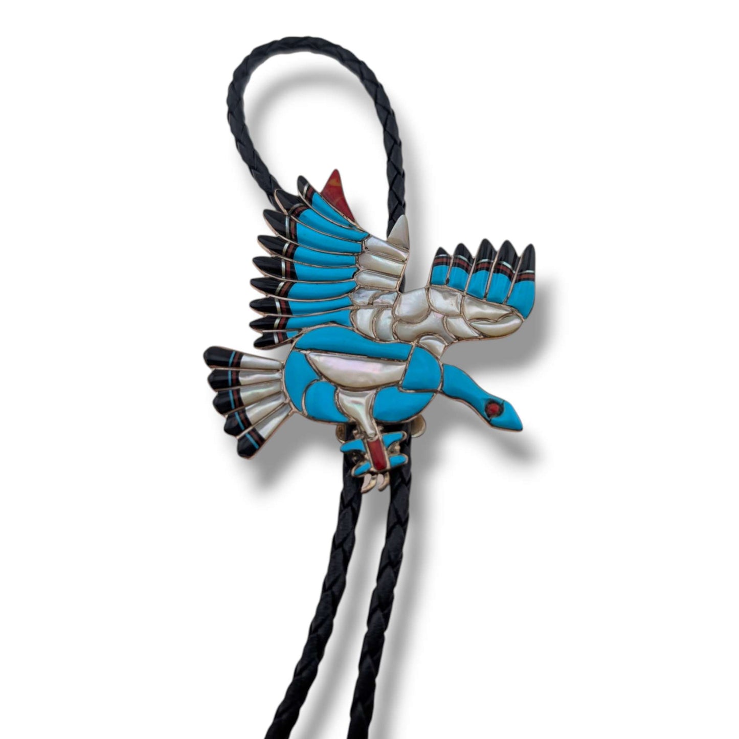 Zuni Eldred Bowekaty Sterling Silver Peyote Bird Mosaic Inlay Bolo Tie