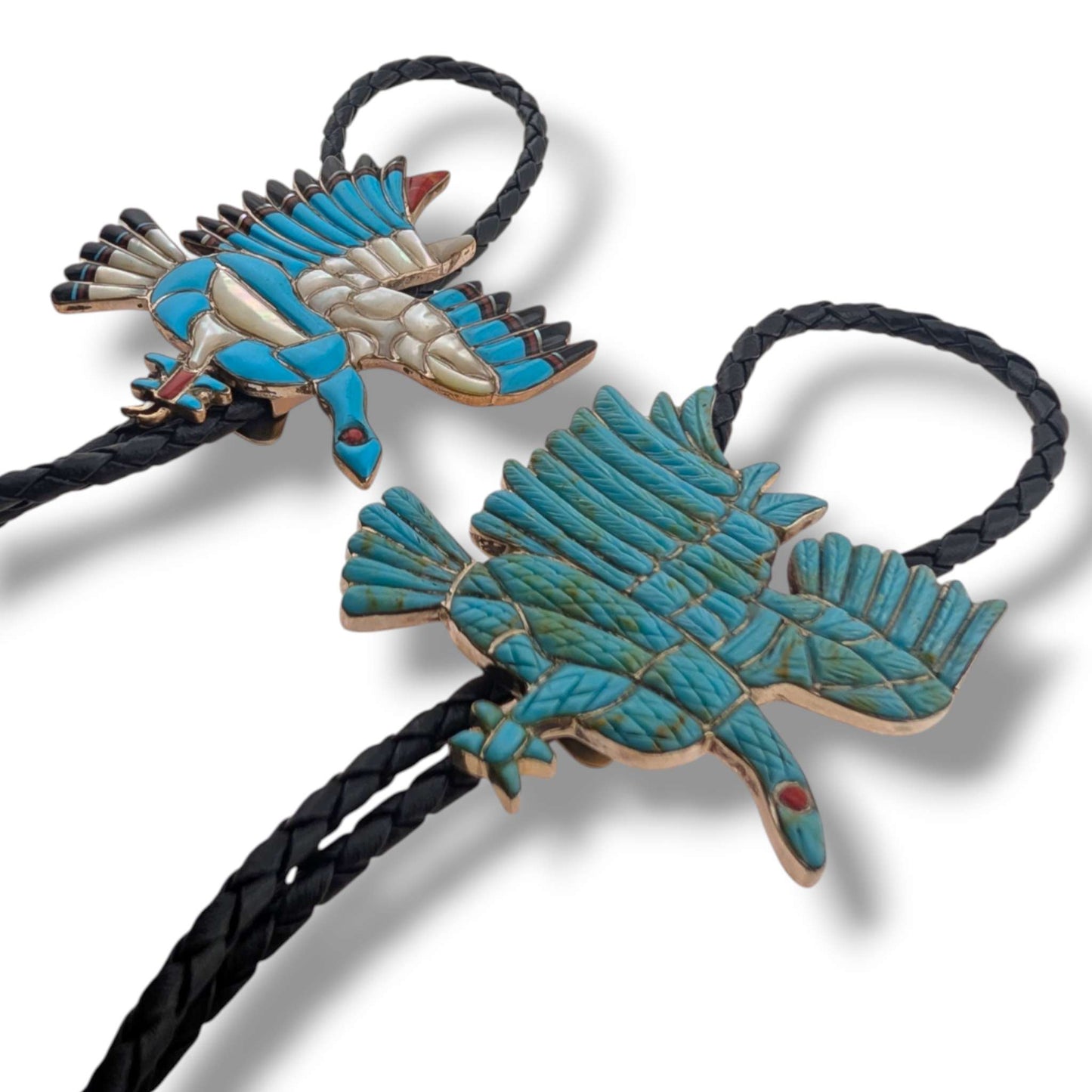 Zuni Eldred Bowekaty Sterling Silver Peyote Bird Mosaic Inlay Bolo Tie