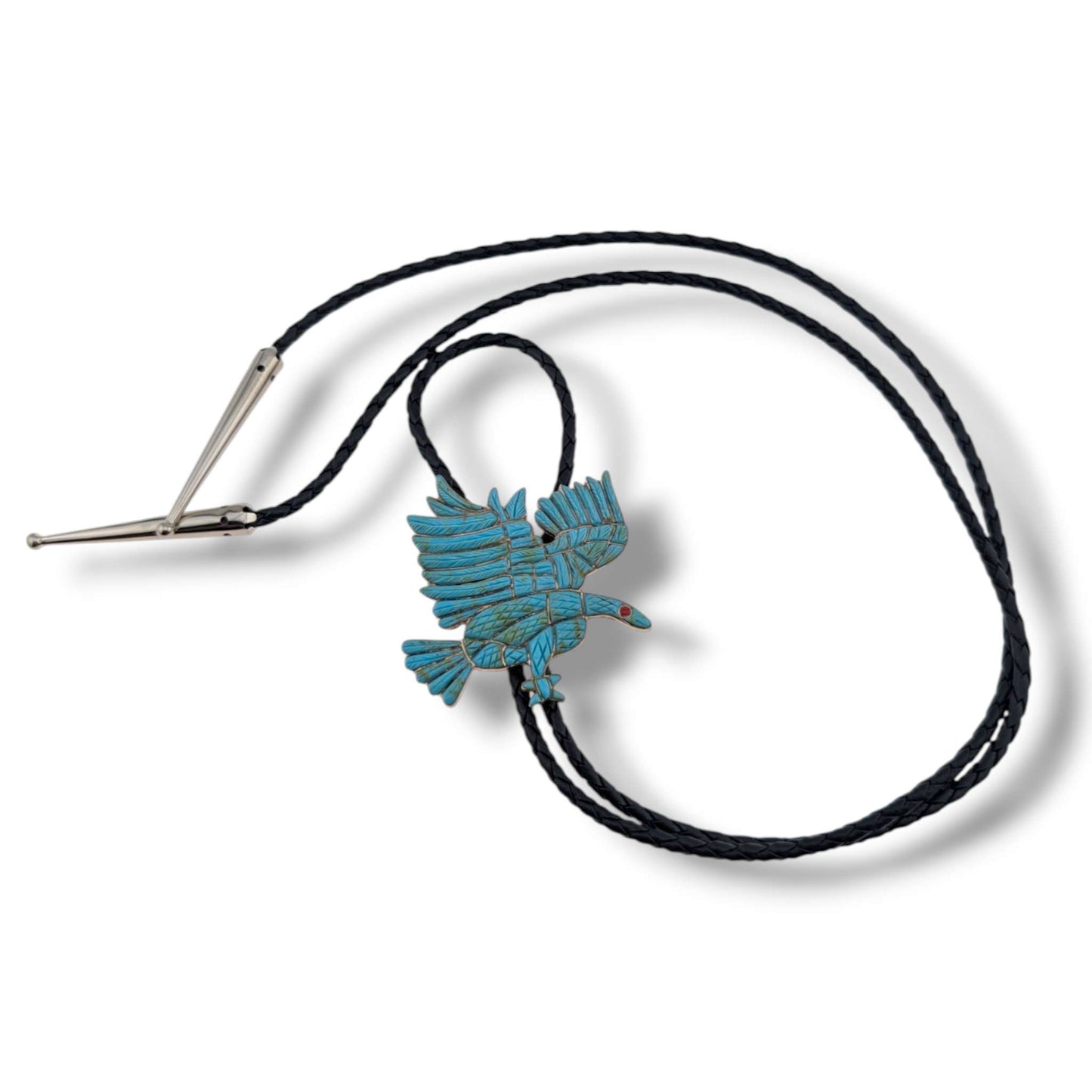 Zuni Eldred Bowekaty Sterling Silver Peyote Bird Mosaic Inlay Bolo Tie