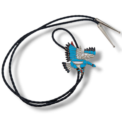 Zuni Eldred Bowekaty Sterling Silver Peyote Bird Mosaic Inlay Bolo Tie