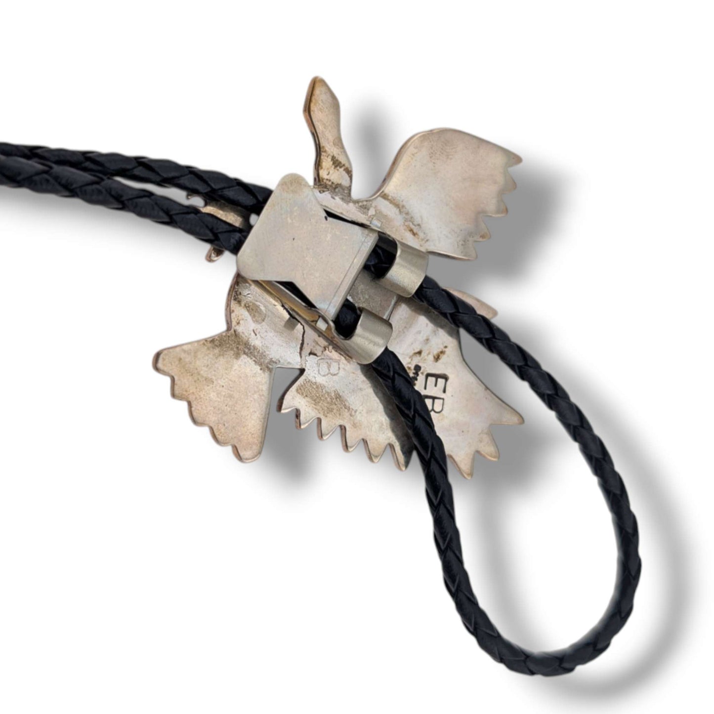 Zuni Eldred Bowekaty Sterling Silver Peyote Bird Mosaic Inlay Bolo Tie