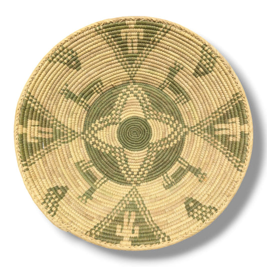 Handwoven Pakistani Coil Basket Sage Green Star and Animal Motif