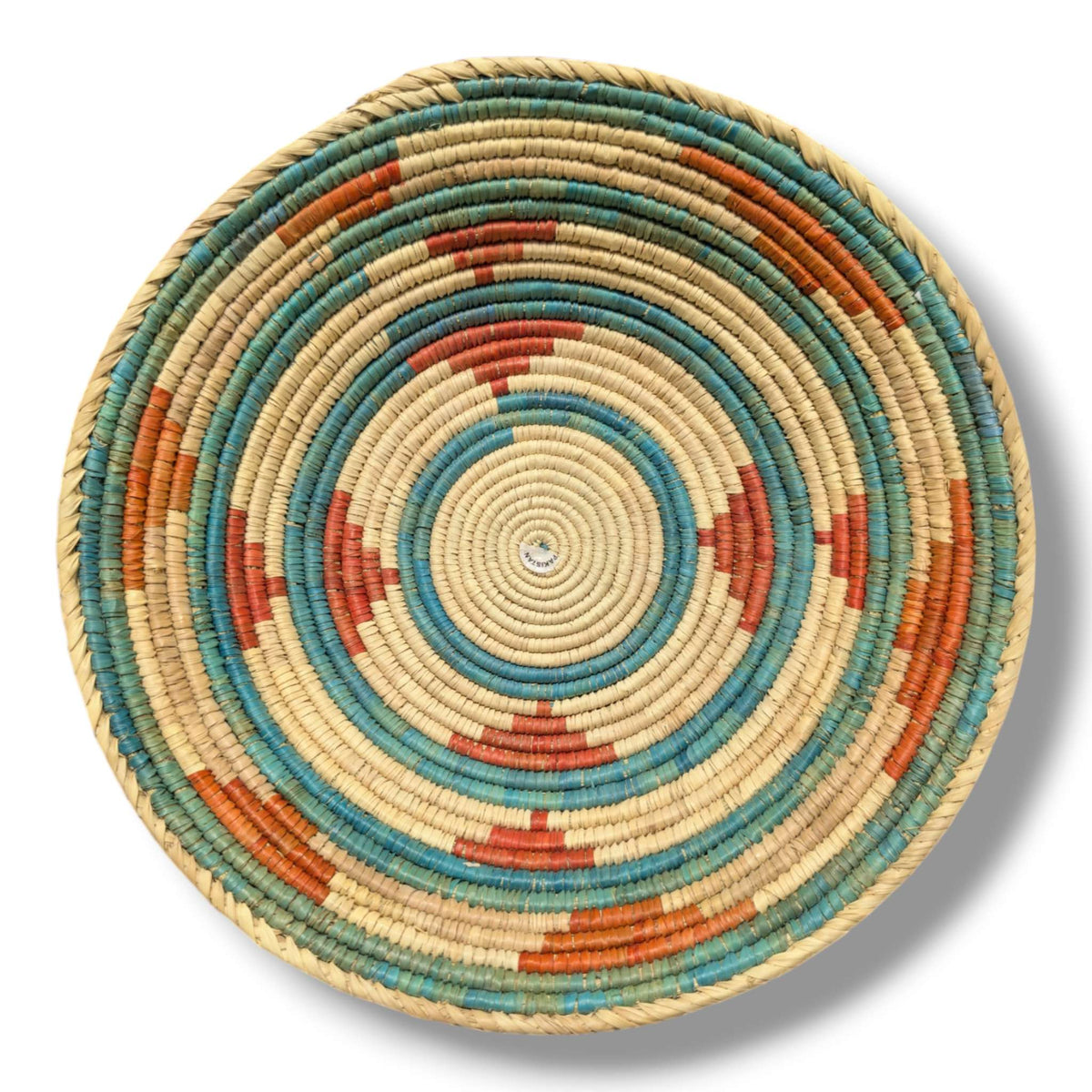 Handwoven Pakistani Coil Basket Turquoise and Terracotta Concentric Circles